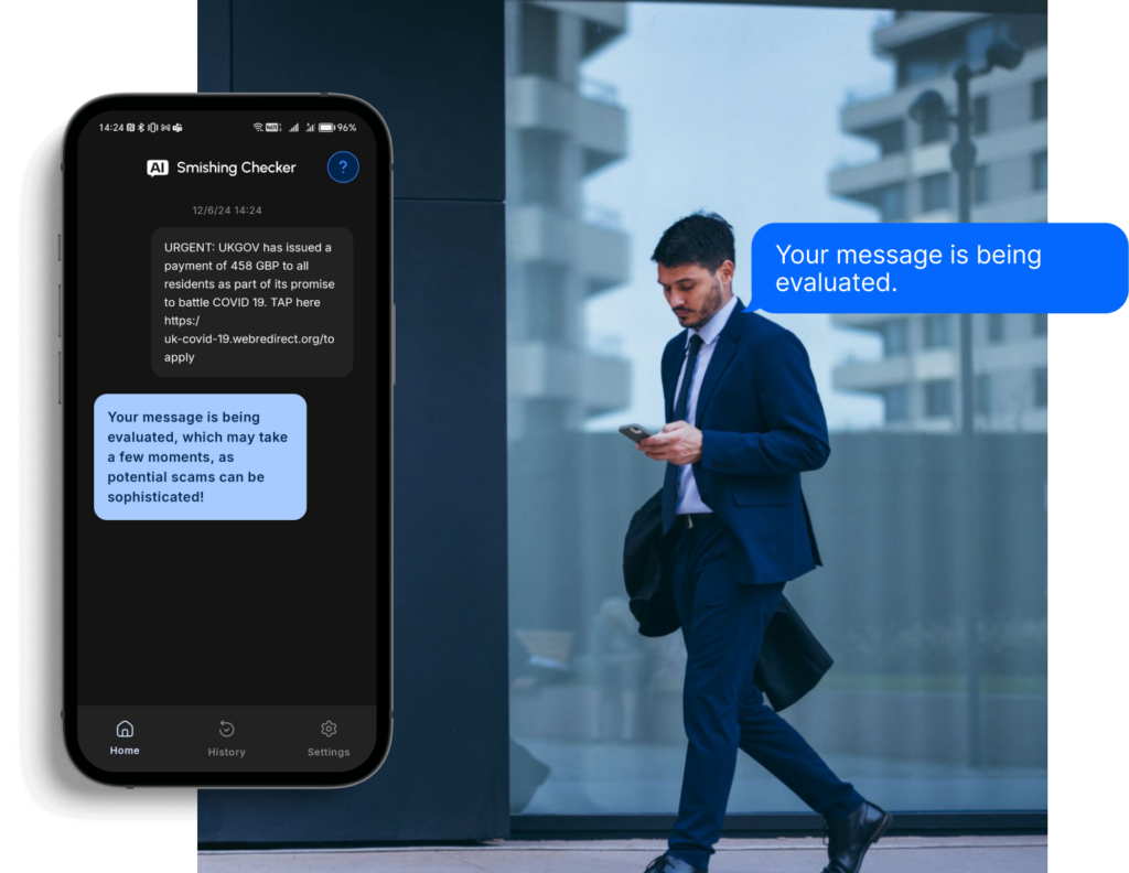 A man in a suit waiting for evaluation from AI Smishing Checker