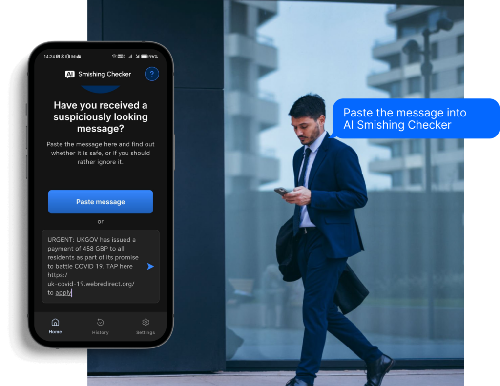 A man in a suit pasting the suspicious message into AI Smishing Checker