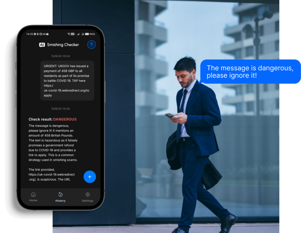 A man in a suit receiving check result: DANGEROUS on the suspicious message